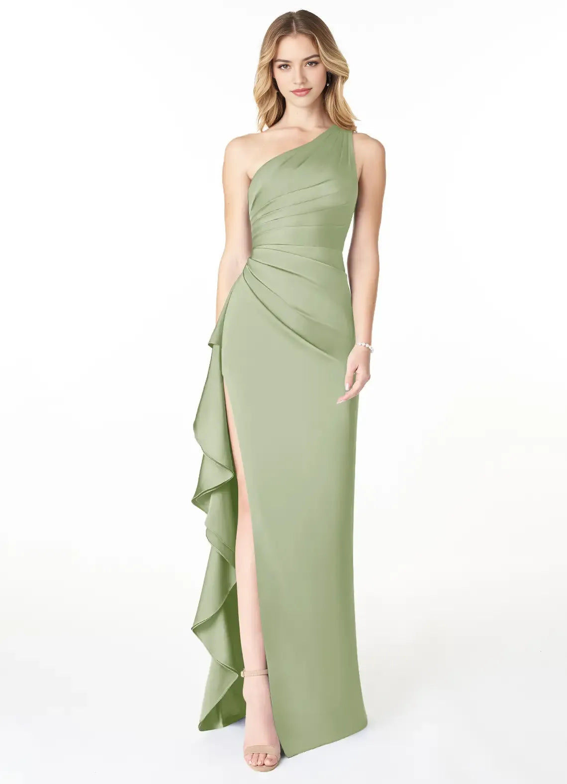 Sheath One-Shoulder Satin Sleeveless Ruffled Floor-Length Wedding Dress - Chloe Dress