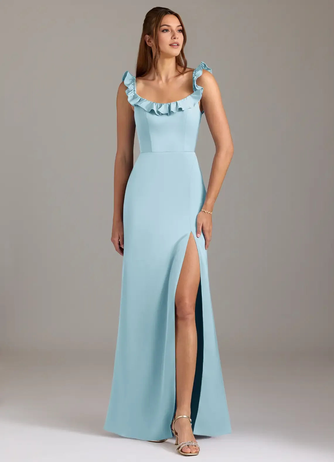 Sheath Square Neck Cold Shoulder Ruffled Floor-Length Wedding Dress - Chloe Dress