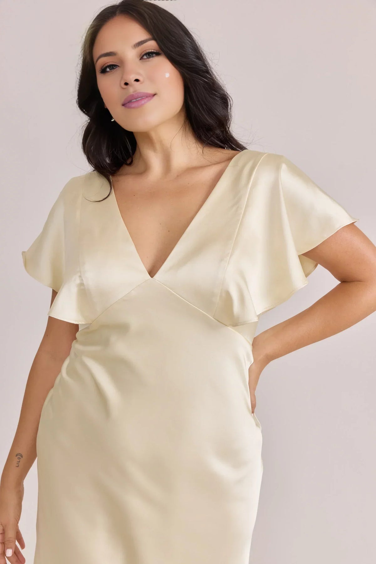 Champagne V-Neck Satin Ruffled Wedding Gown - Chloe Dress