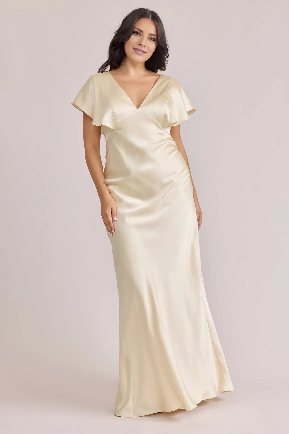 Champagne V-Neck Satin Ruffled Wedding Gown - Chloe Dress