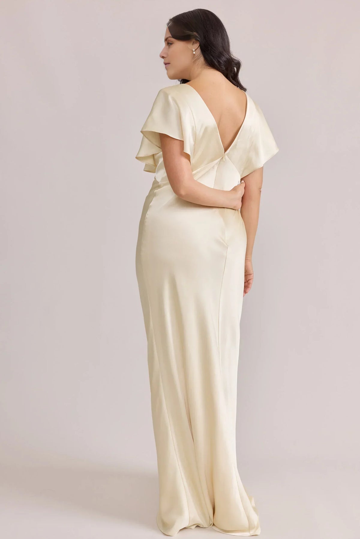 Champagne V-Neck Satin Ruffled Wedding Gown - Chloe Dress