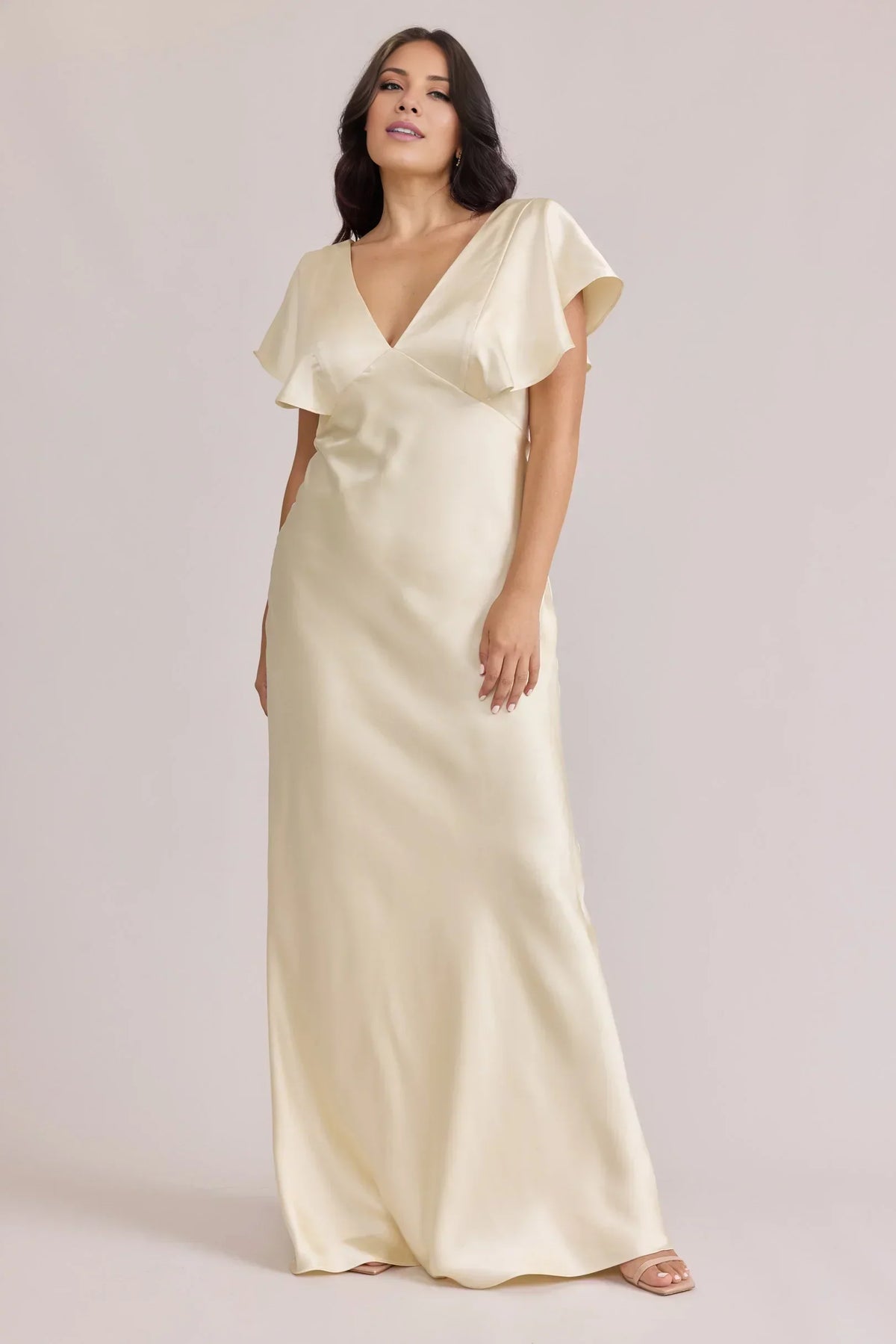 Champagne V-Neck Satin Ruffled Wedding Gown - Chloe Dress