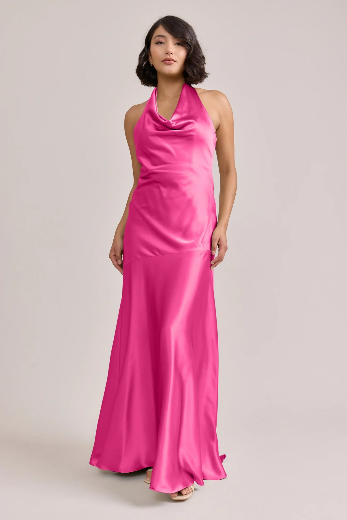 Halter Satin Asymmetric Floor-Length Wedding Gown - Chloe Dress