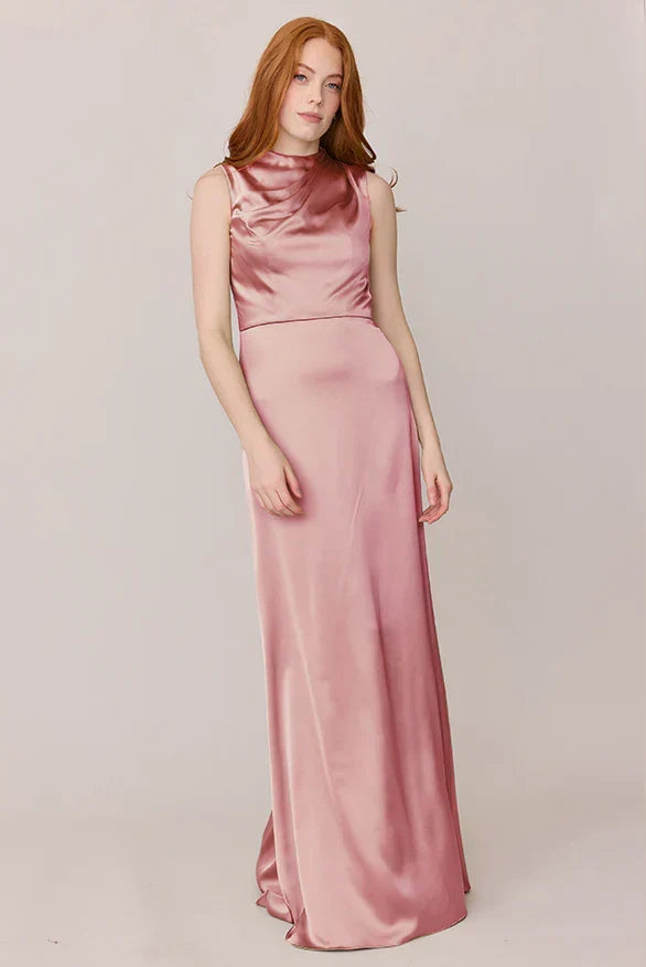 A-Line Cowl Neck Satin Sleeveless High Slit Floor-Length Wedding Dress - Chloe Dress