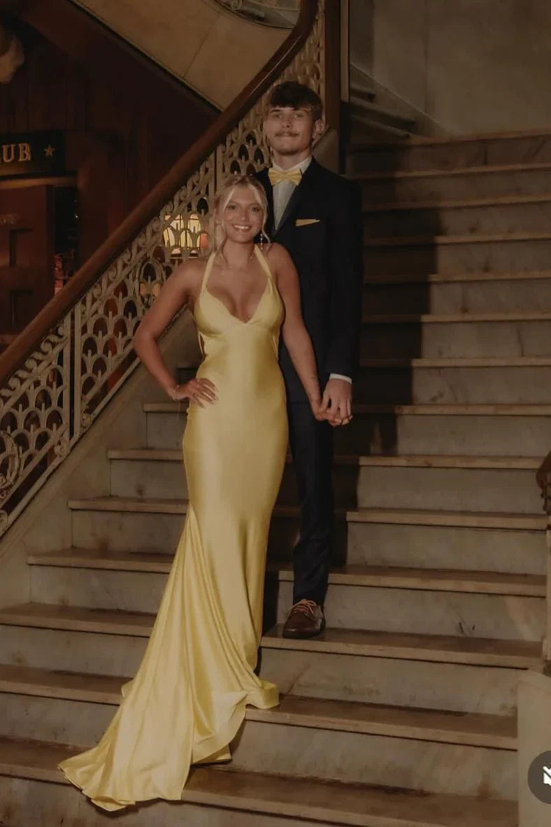 Mermaid Halter Satin Open Back Train Prom Dress - Chloe Dress