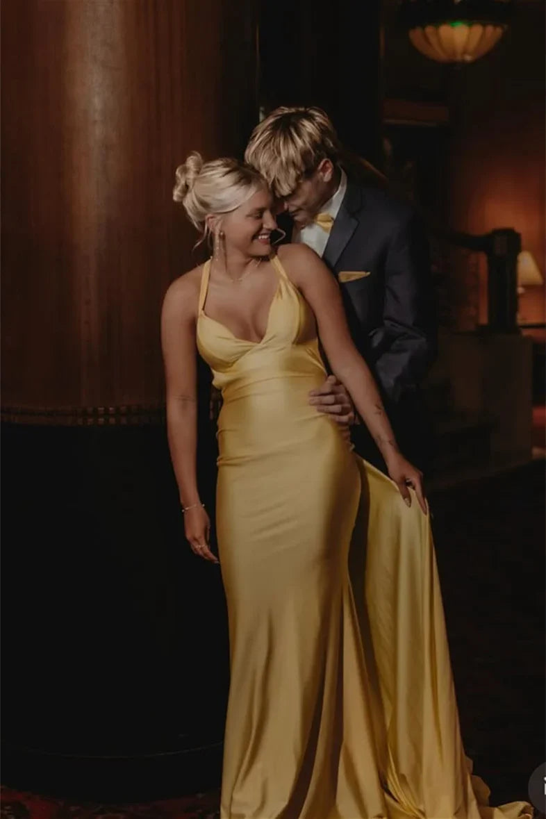 Mermaid Halter Satin Open Back Train Prom Dress - Chloe Dress
