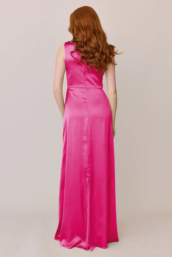 High Neck Satin High Slit Floor-Length Wedding Gown - Chloe Dress