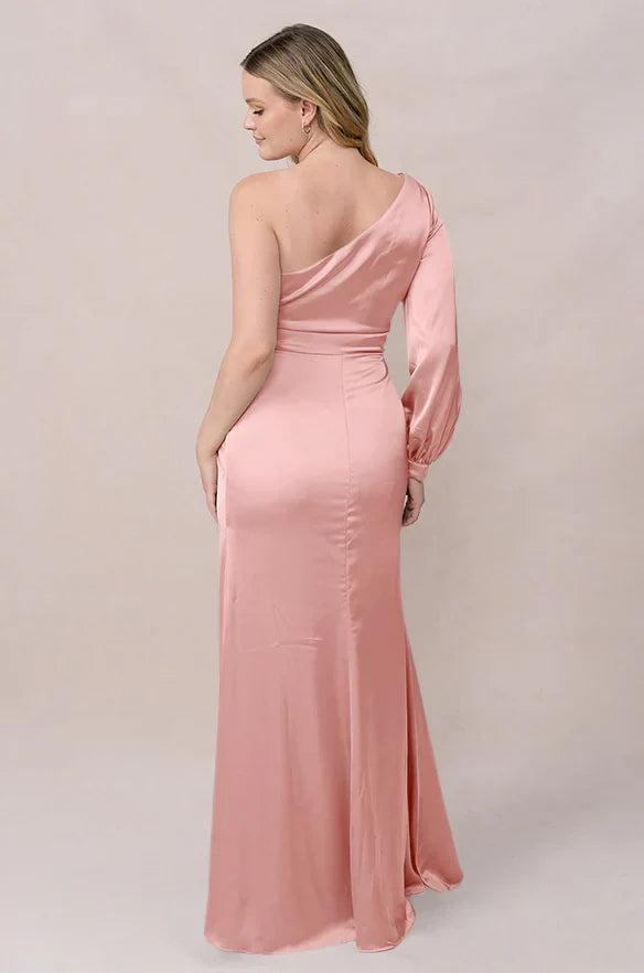 Mermaid One-Shoulder Satin Bishop Sleeve Floor-Length Wedding Dress - Chloe Dress