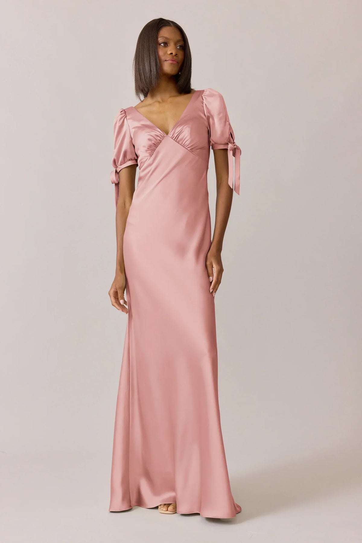 A-Line V-Neck Satin Puff Sleeve Button Back Floor-Length Wedding Dress - Chloe Dress