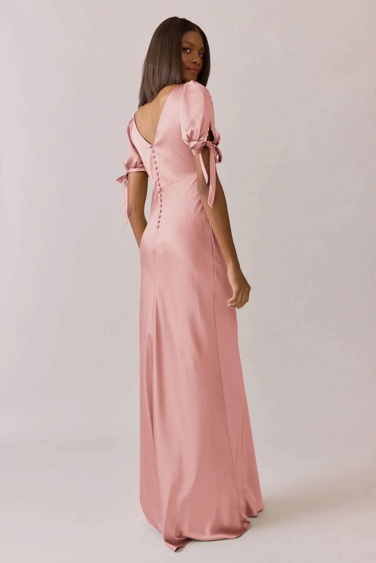 A-Line V-Neck Satin Puff Sleeve Button Back Floor-Length Wedding Dress - Chloe Dress