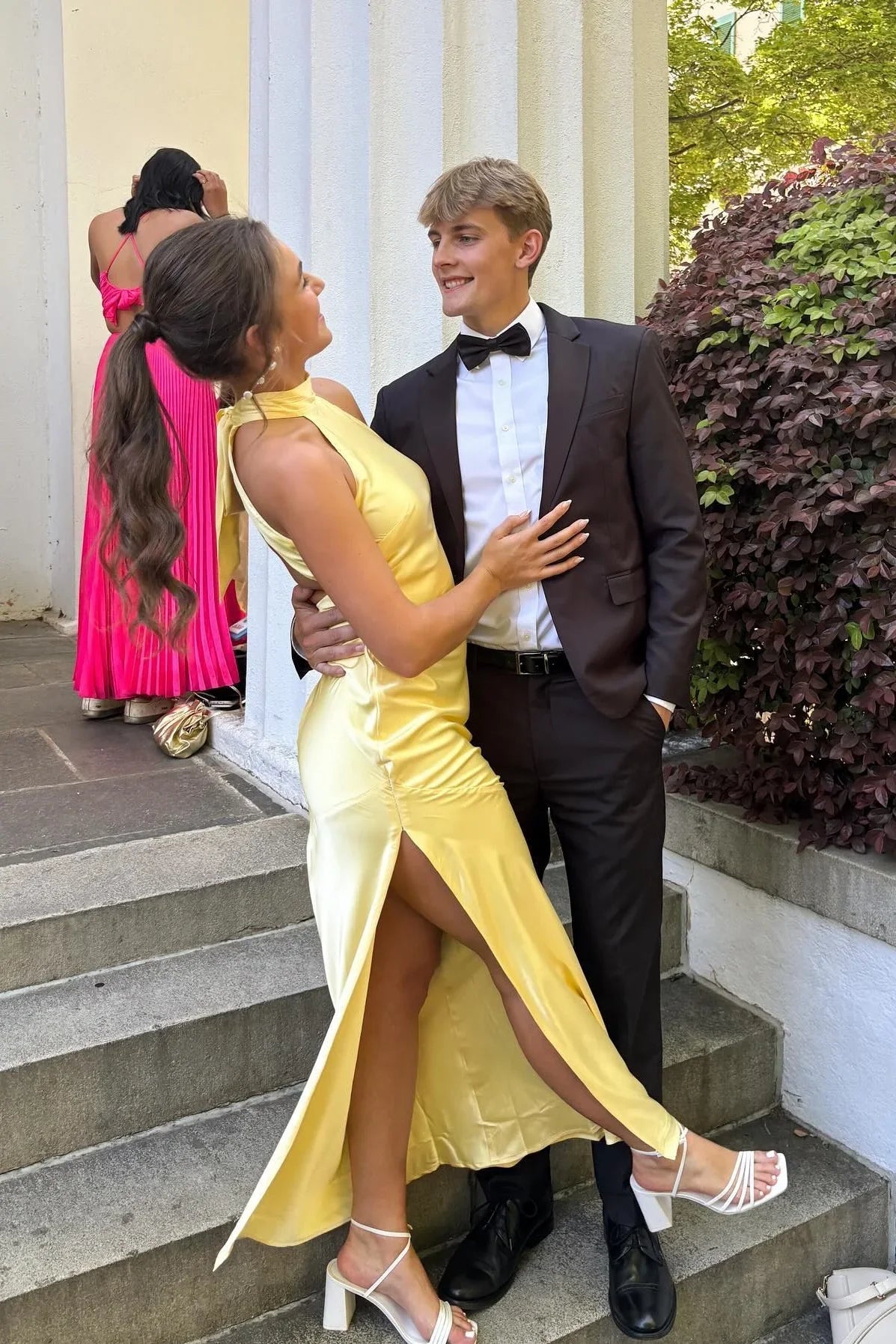 Yellow Halter Satin Sleeveless Open Back High Slit Floor-Length Prom Dress - Chloe Dress