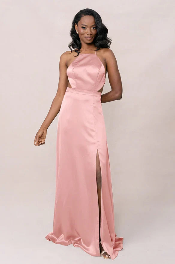 A-Line Halter Satin Open Back High Slit Floor-Length Wedding Dress - Chloe Dress