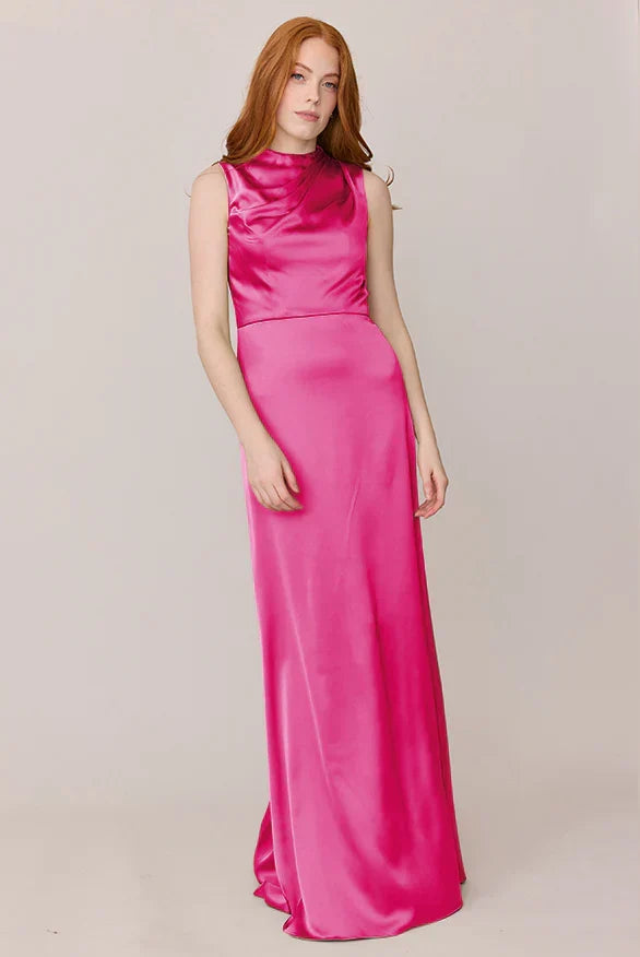 High Neck Satin High Slit Floor-Length Wedding Gown - Chloe Dress