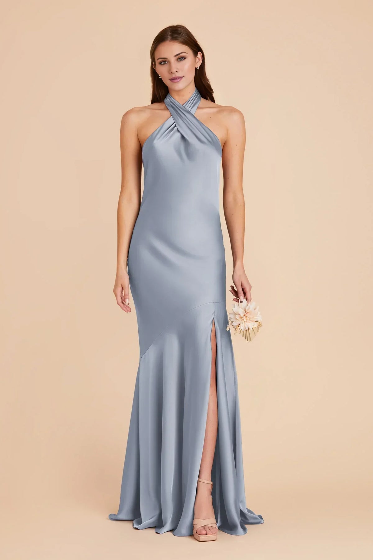 Blue Halter Satin Open Back High Slit Floor-Length Wedding Dress - Chloe Dress