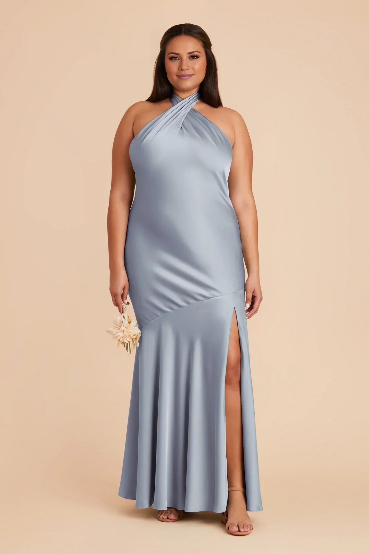Blue Halter Satin Open Back High Slit Floor-Length Wedding Dress - Chloe Dress