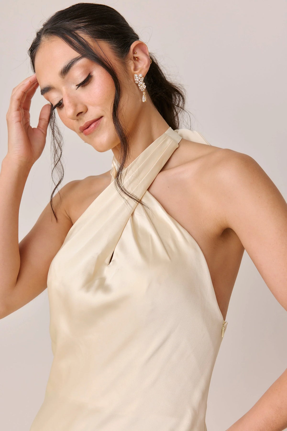 Champagne Halter Satin High Slit Floor-Length Wedding Dress - Chloe Dress