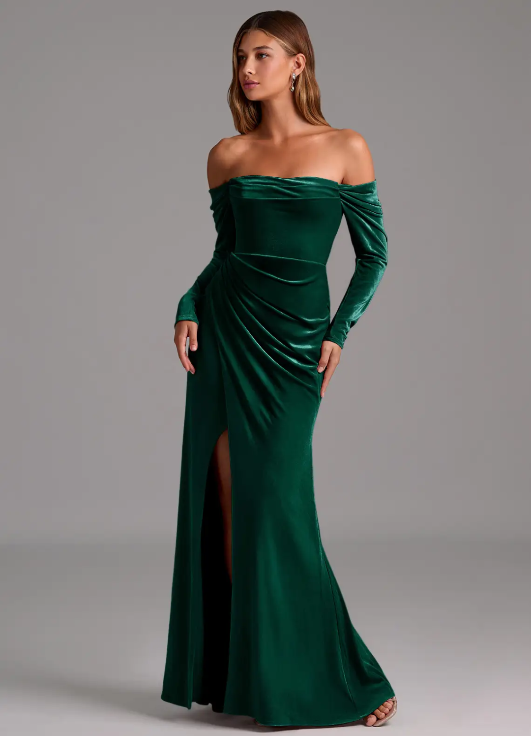 Velvet Long Sleeve High Slit Floor-Length Wedding Dress - Chloe Dress