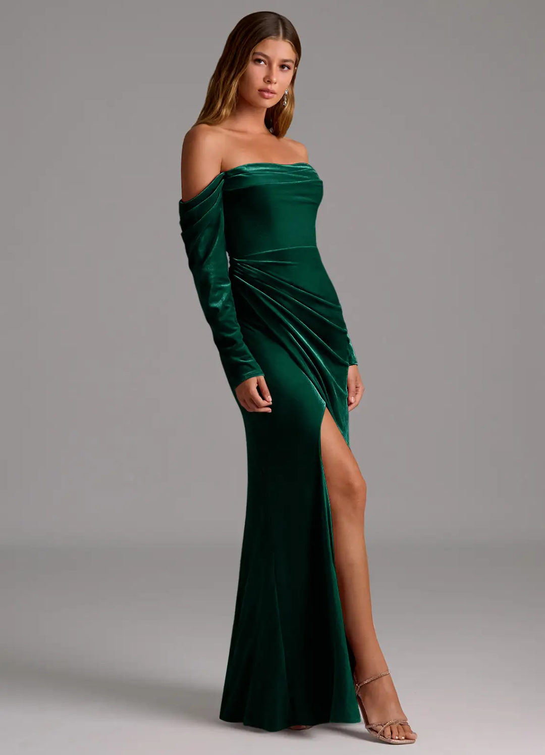Velvet Long Sleeve High Slit Floor-Length Wedding Dress - Chloe Dress