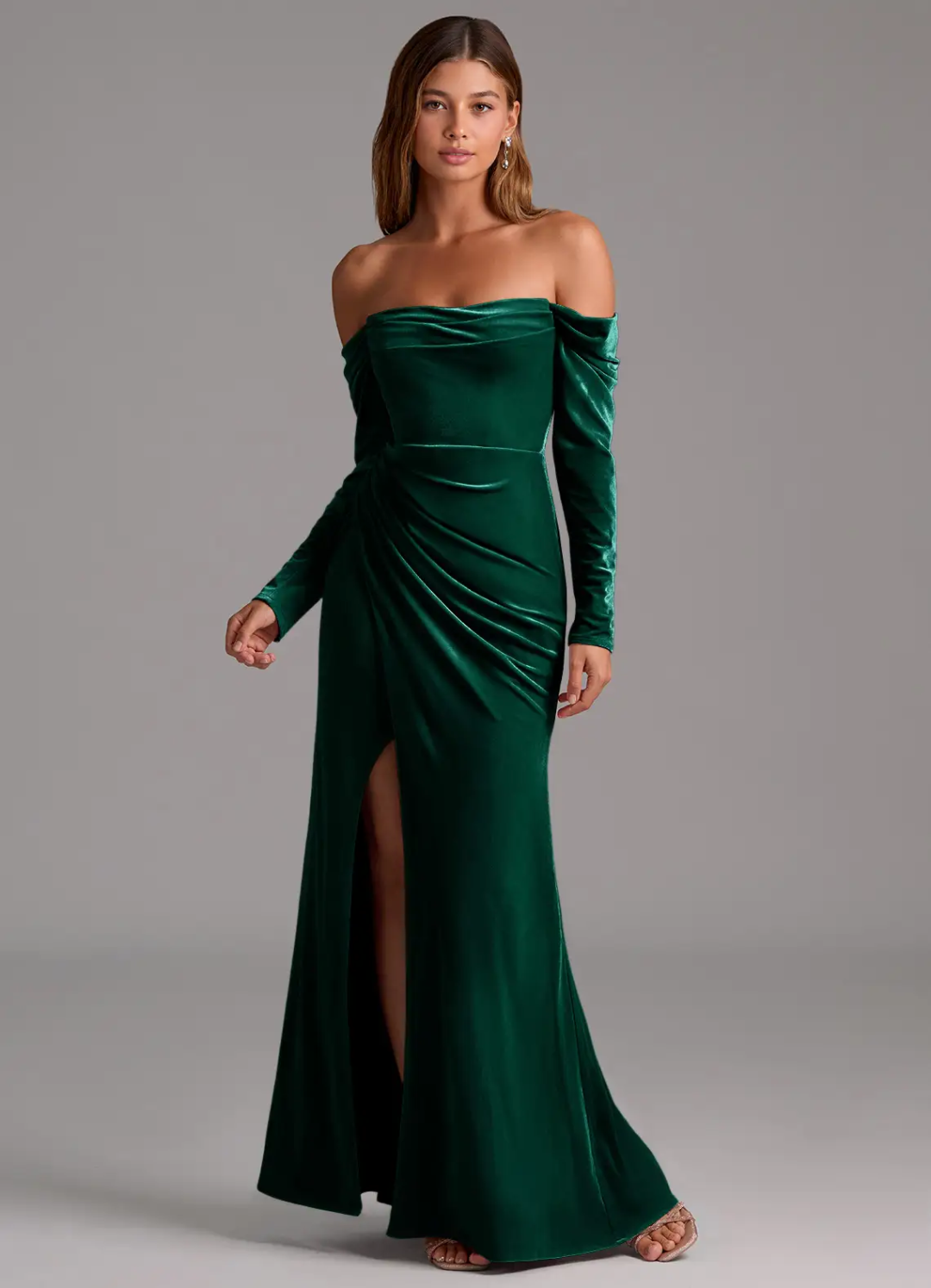 Velvet Long Sleeve High Slit Floor-Length Wedding Dress - Chloe Dress
