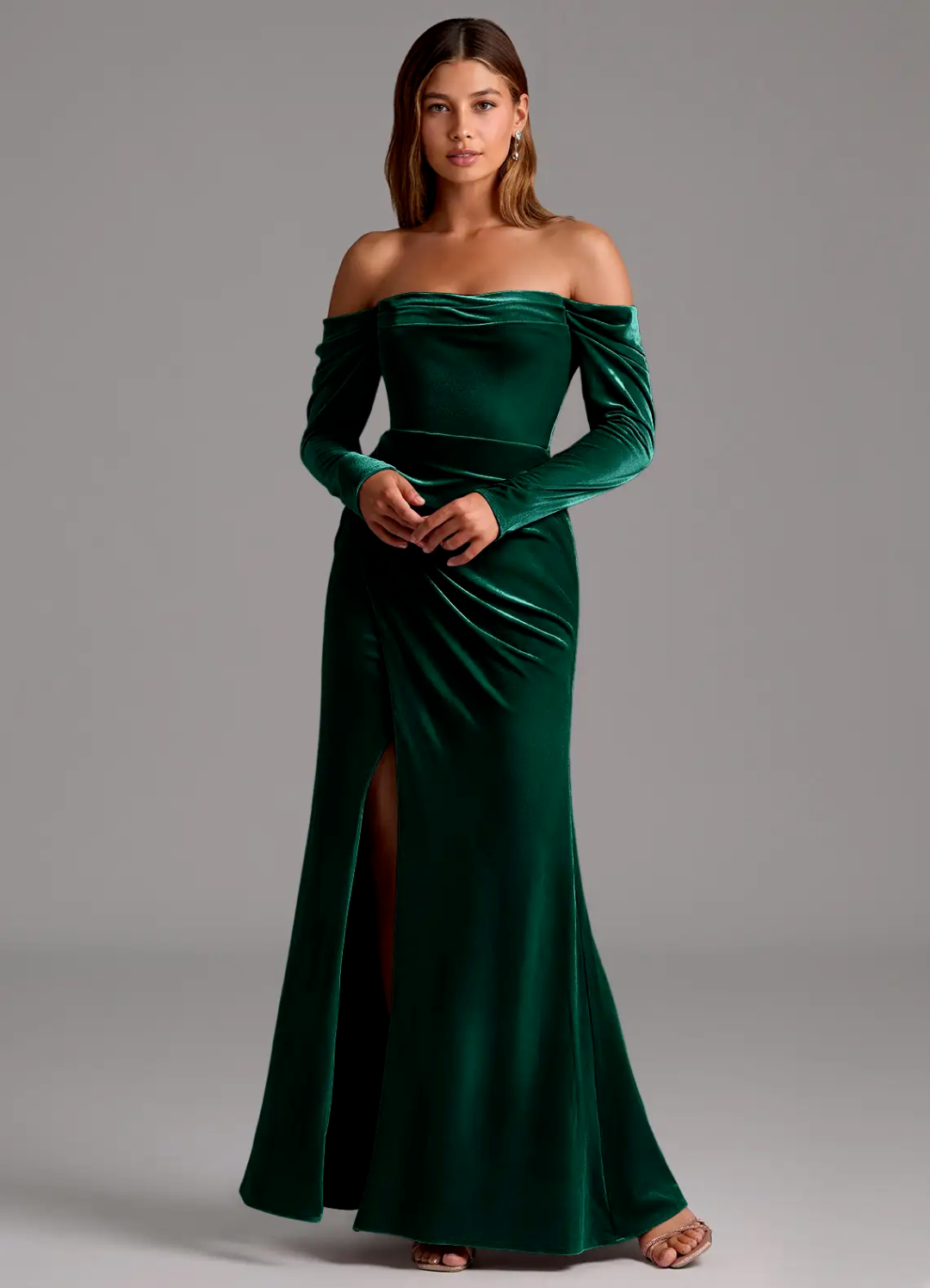 Velvet Long Sleeve High Slit Floor-Length Wedding Dress - Chloe Dress