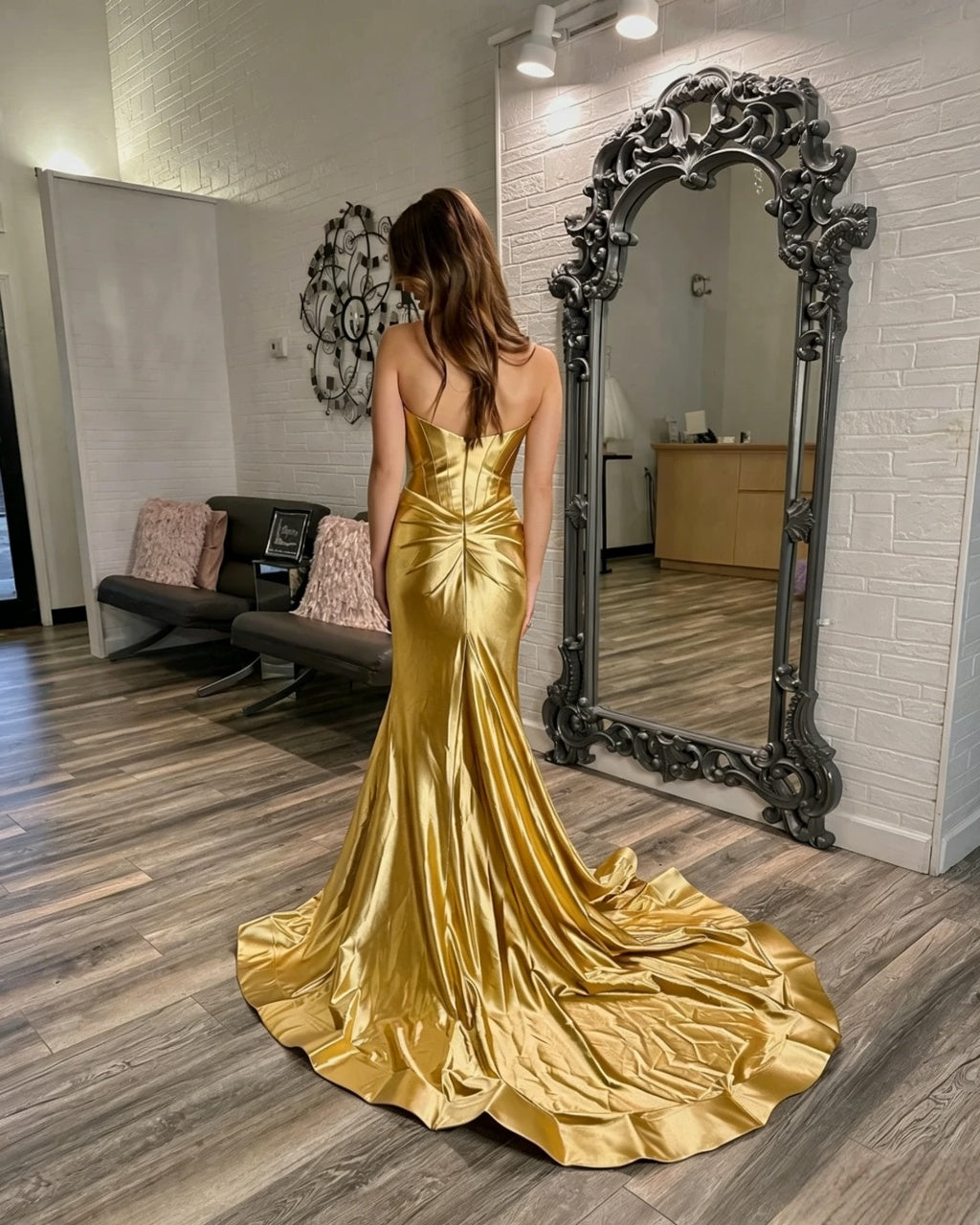 Gold Mermaid Sweetheart Satin Lace-Up Back High Slit Evening Dress - Chloe Dress