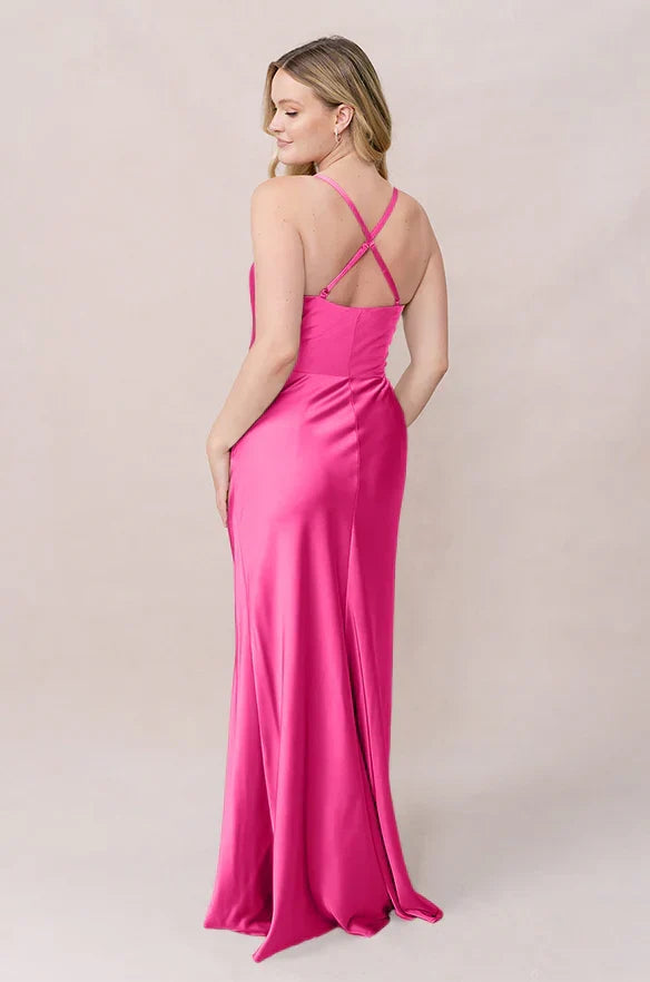 Cowl Neck Satin Button Back High Slit Wedding Gown - Chloe Dress