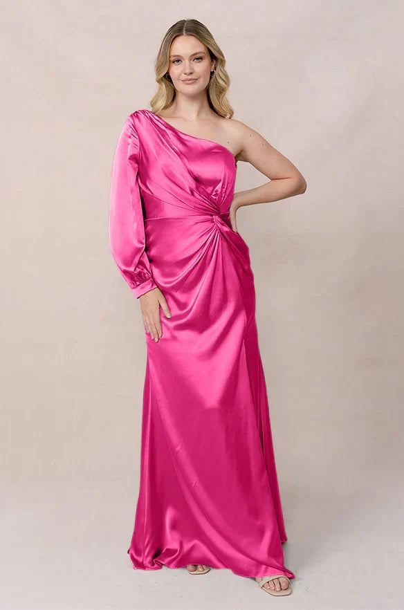 One-Shoulder Satin Long Sleeve High Slit Wedding Gown - Chloe Dress