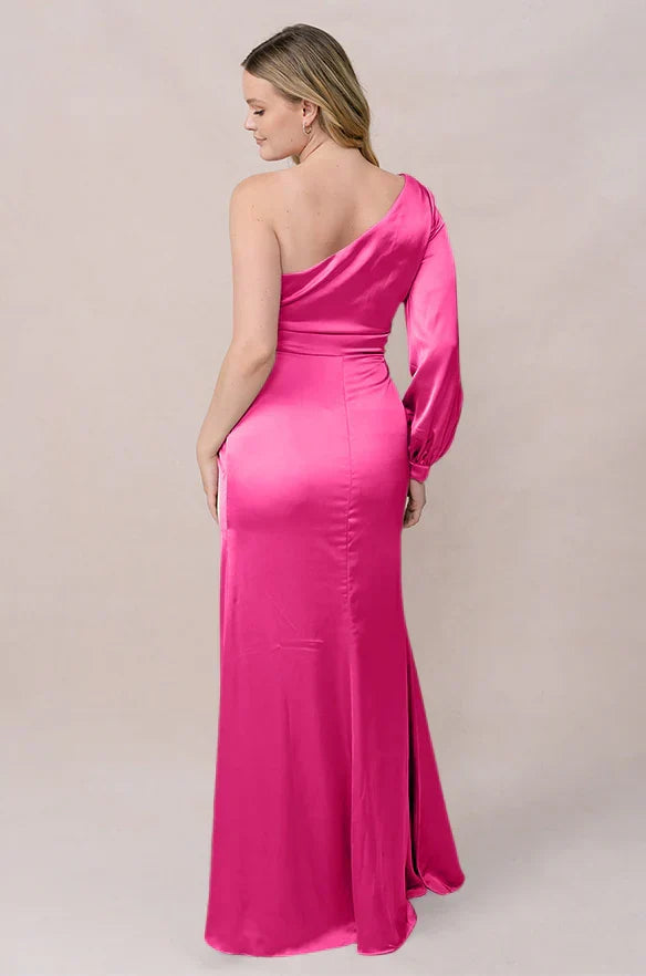 One-Shoulder Satin Long Sleeve High Slit Wedding Gown - Chloe Dress
