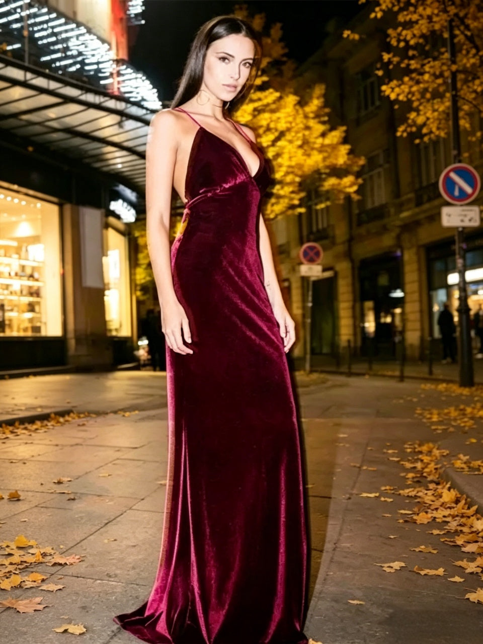 Burgundy Mermaid Spaghetti Strap Velvet Open Back Train Evening Dress - Chloe Dress