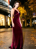 Burgundy Mermaid Spaghetti Strap Velvet Open Back Train Evening Dress - Chloe Dress