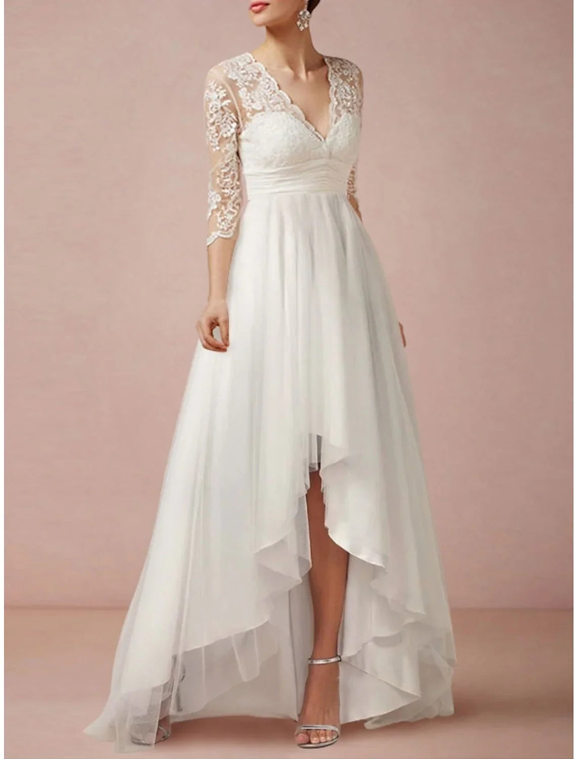 A-Line V-Neck Lace Asymmetric Wedding Dress - Chloe Dress