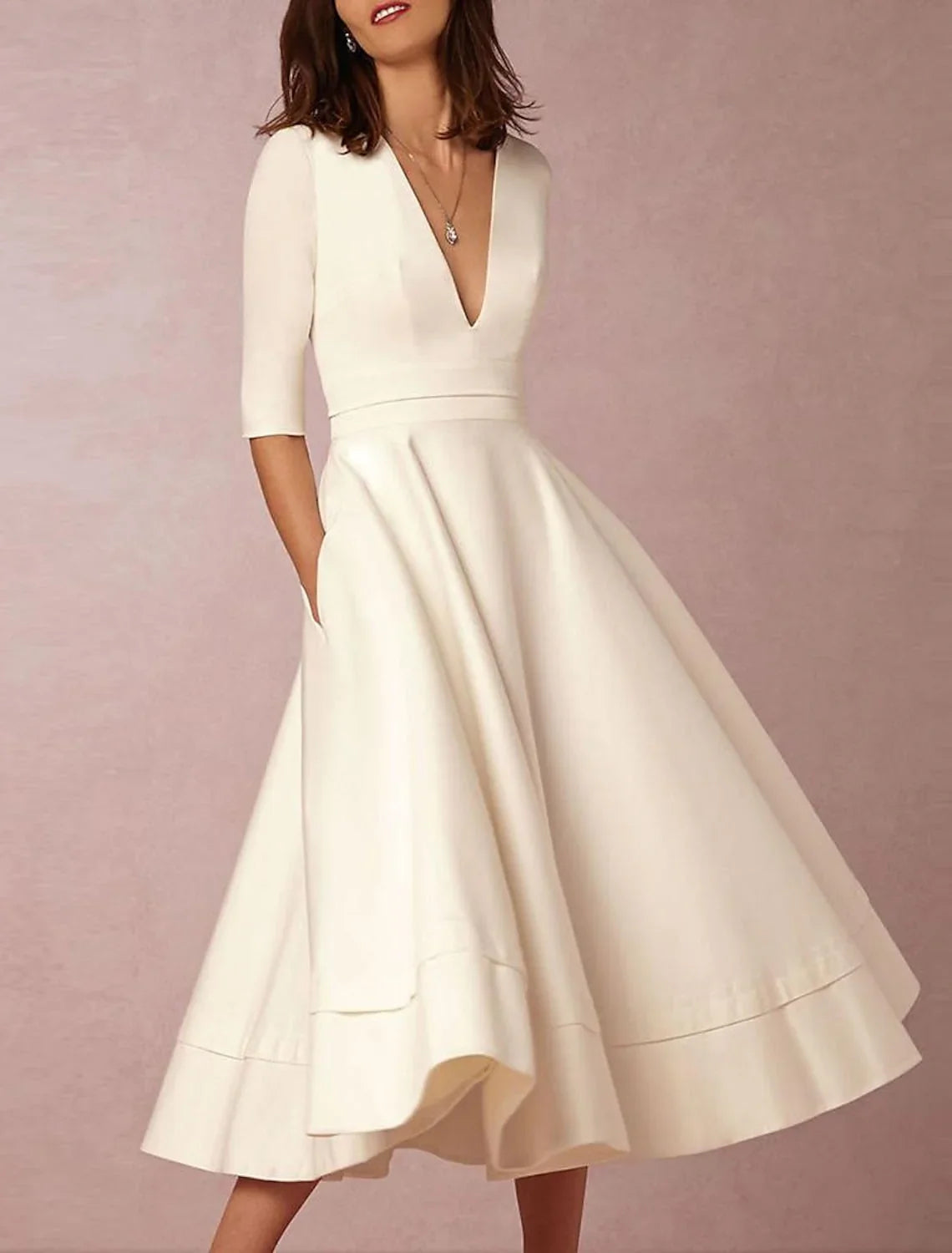 A-Line V-Neck Tea-Length Wedding Dress - Chloe Dress