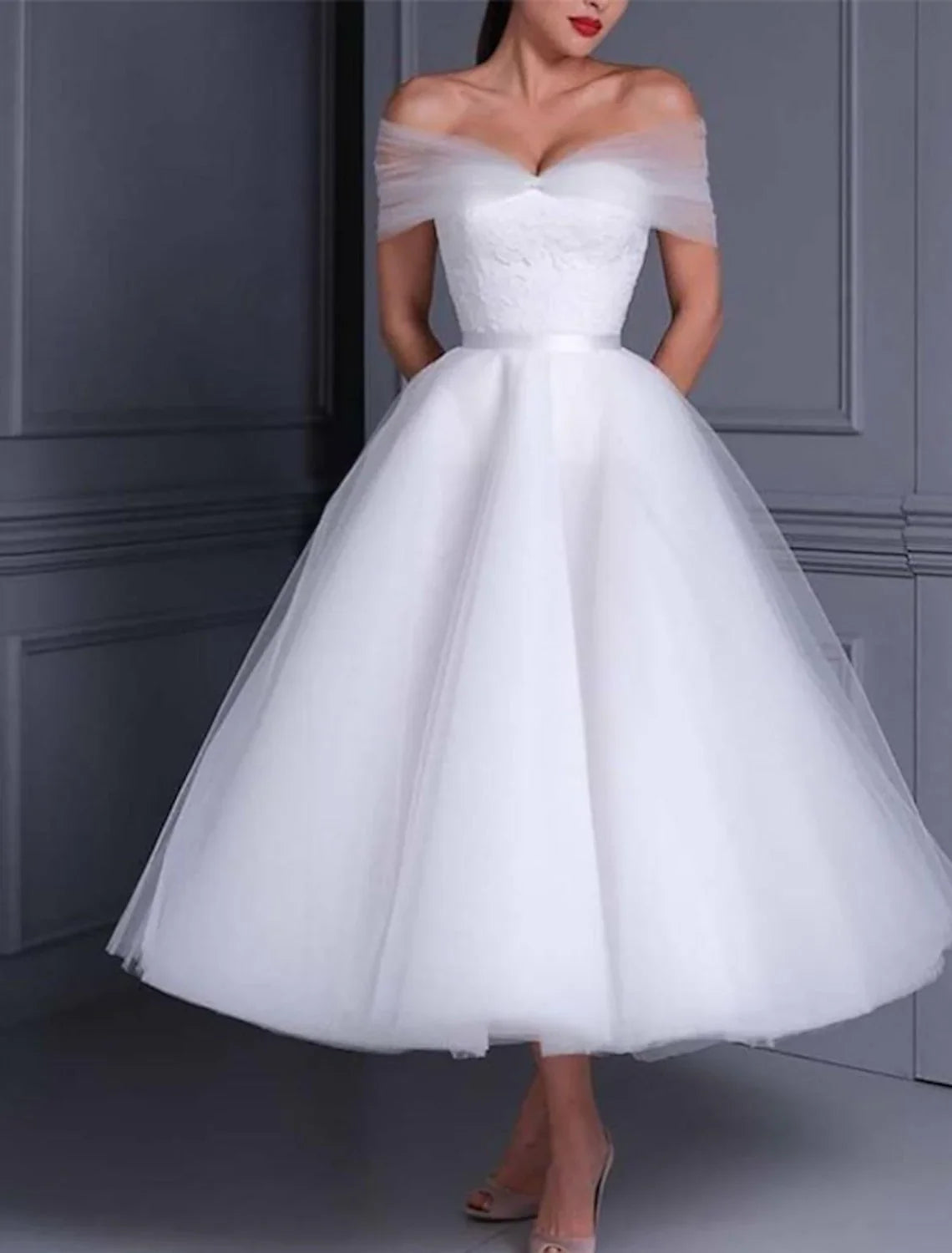 Off-Shoulder Lace Tea-Length Wedding Dress - Chloe Dress