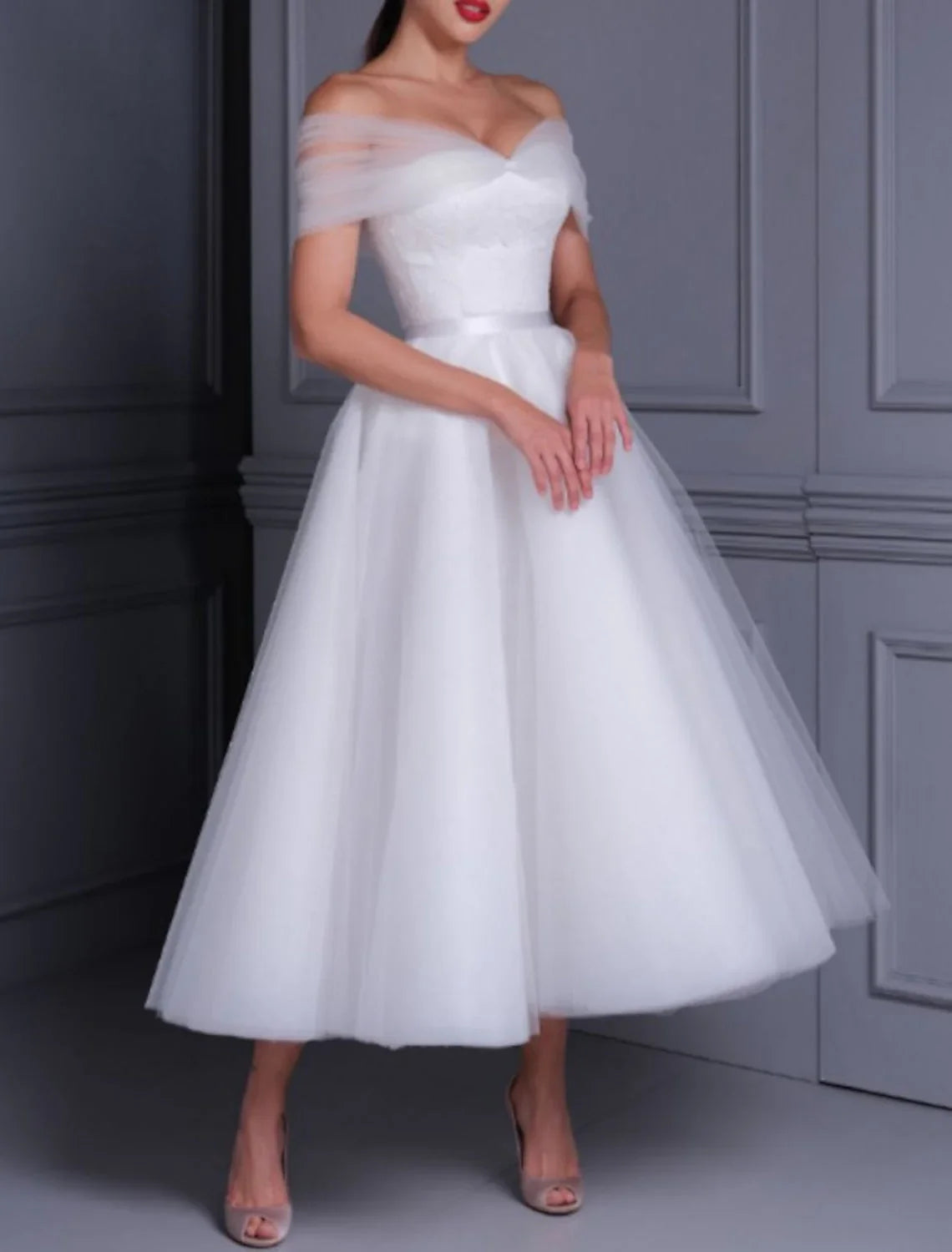 Off-Shoulder Lace Tea-Length Wedding Dress - Chloe Dress