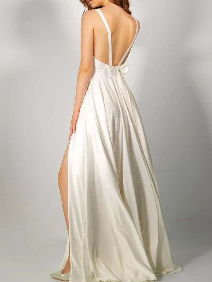 A-Line V-Neck High Slit Wedding Dress - Chloe Dress
