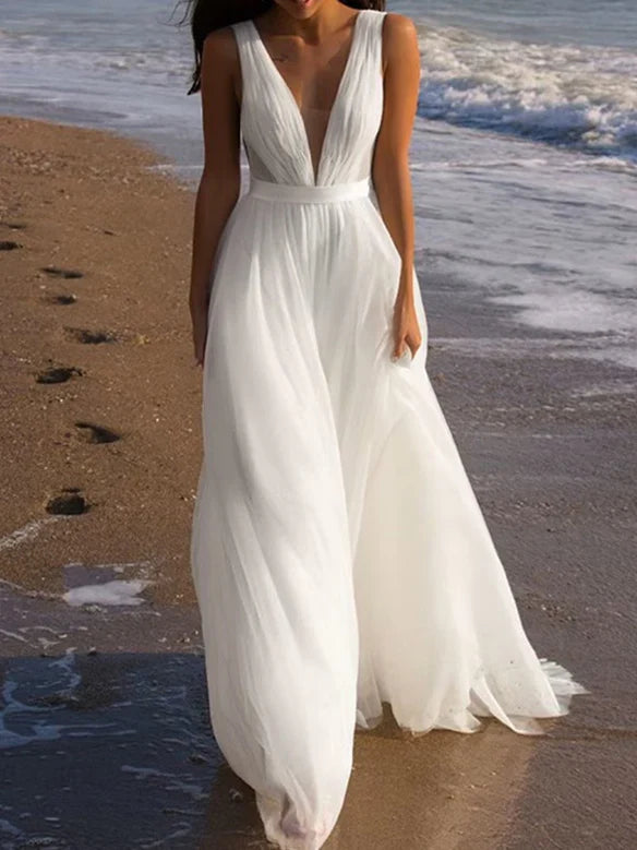 A-Line V-Neck Floor-Length Wedding Dress - Chloe Dress