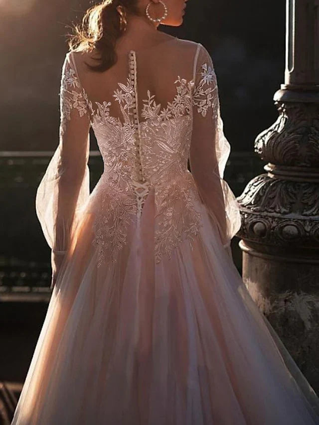 A-Line Illusion Embroidered Wedding Dress - Chloe Dress