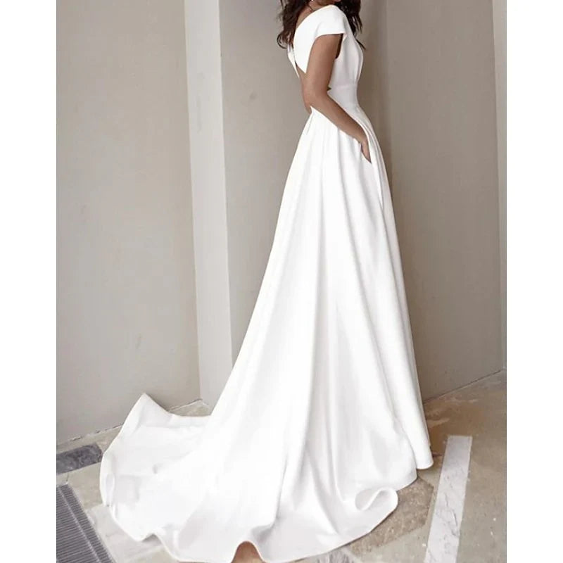 A-Line V-Neck Cap Sleeve Wedding Dress - Chloe Dress