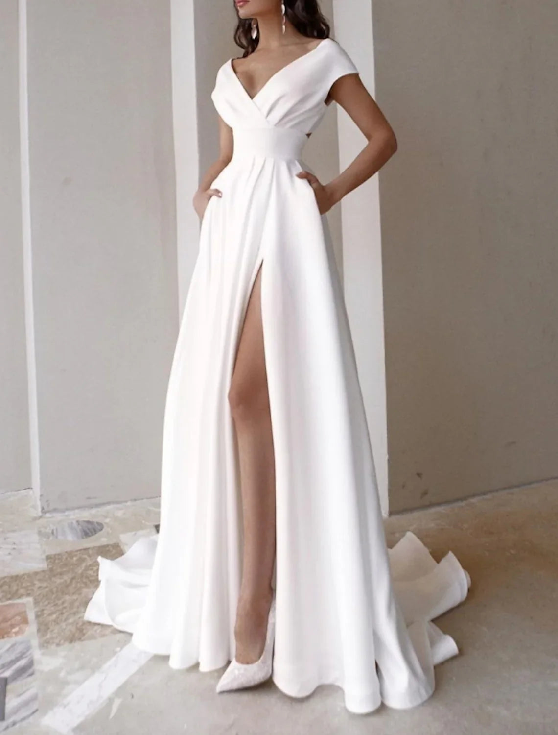 A-Line V-Neck Cap Sleeve Wedding Dress - Chloe Dress