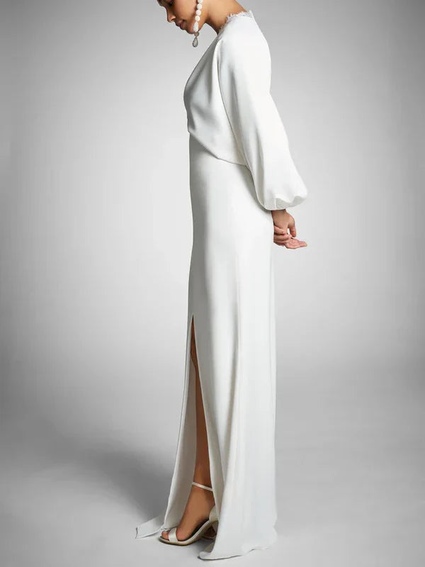 V-Neck Long Sleeve Floor-Length Wedding Dress - Chloe Dress