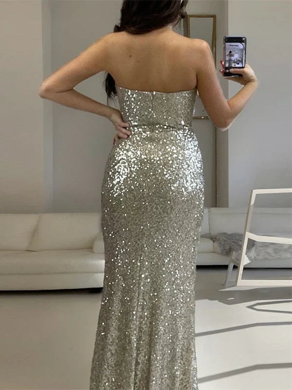 Mermaid Strapless Sequin Sleeveless High Slit Floor-Length Prom Dress - Chloe Dress