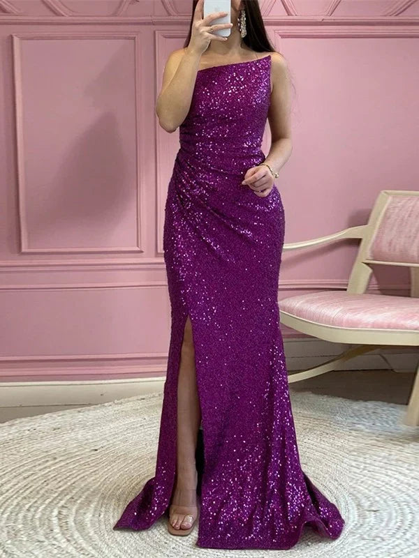 Mermaid Strapless Sequin Sleeveless High Slit Floor-Length Prom Dress - Chloe Dress