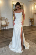 White Spaghetti Straps Satin Mermaid Wedding Dress With High Slit