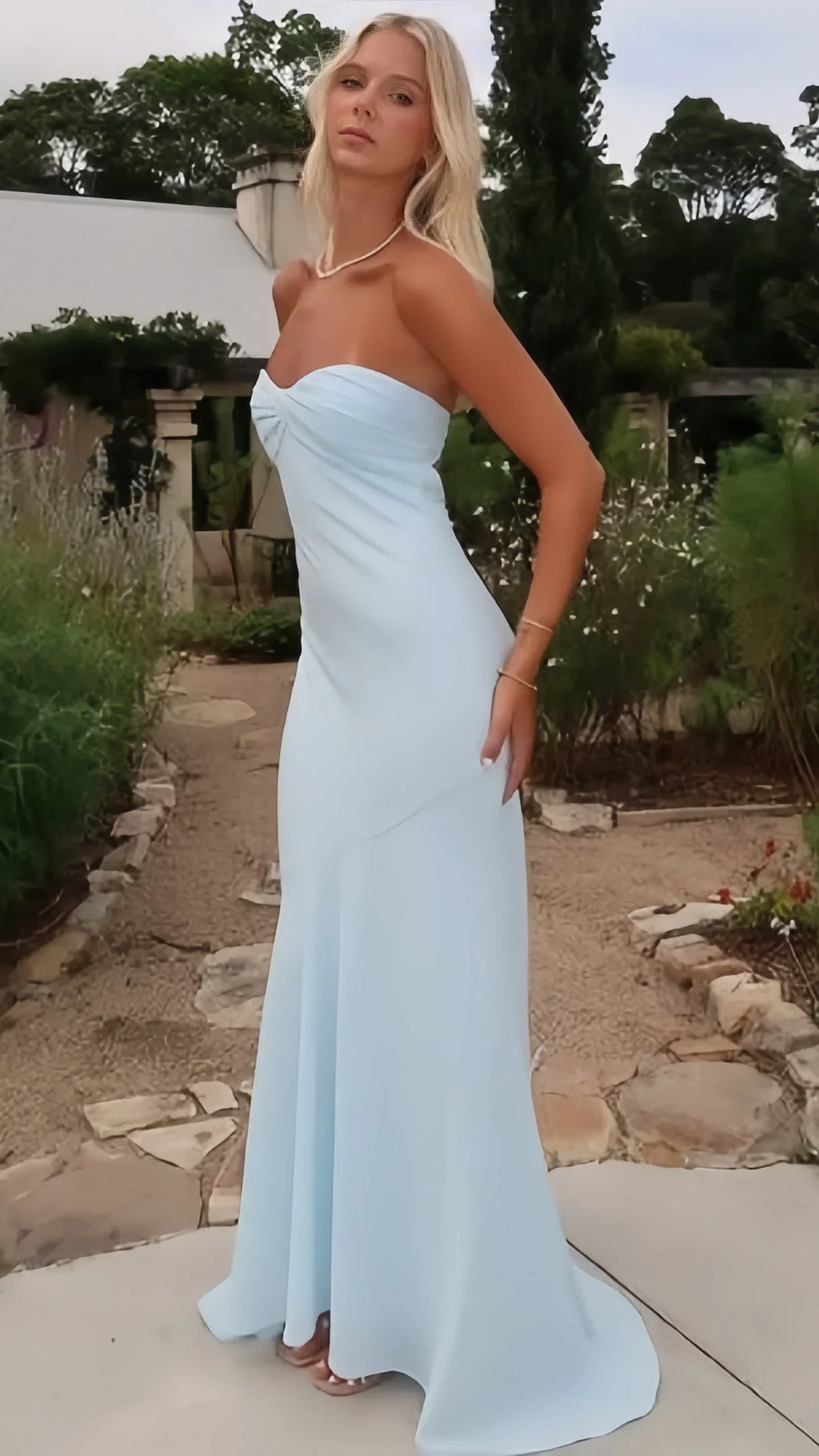 Light Blue Strapless Twist Cut‑Out Back Mermaid Train Prom Dresses