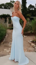 Light Blue Strapless Twist Cut‑Out Back Mermaid Train Prom Dresses