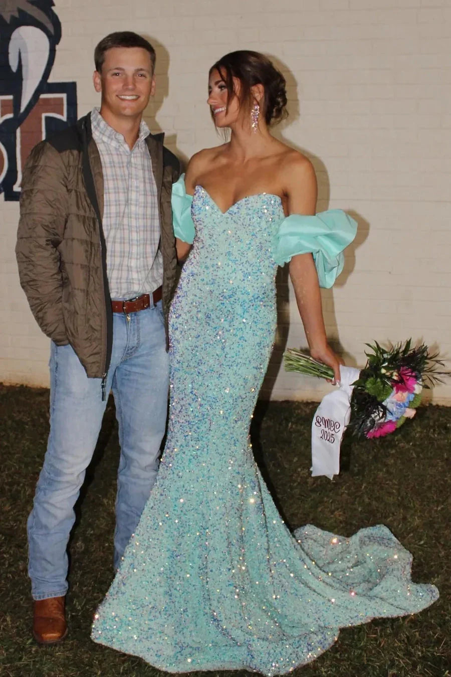 Mint Mermaid Off-Shoulder Sequin Puff Sleeve Train Evening Gown - Chloe Dress