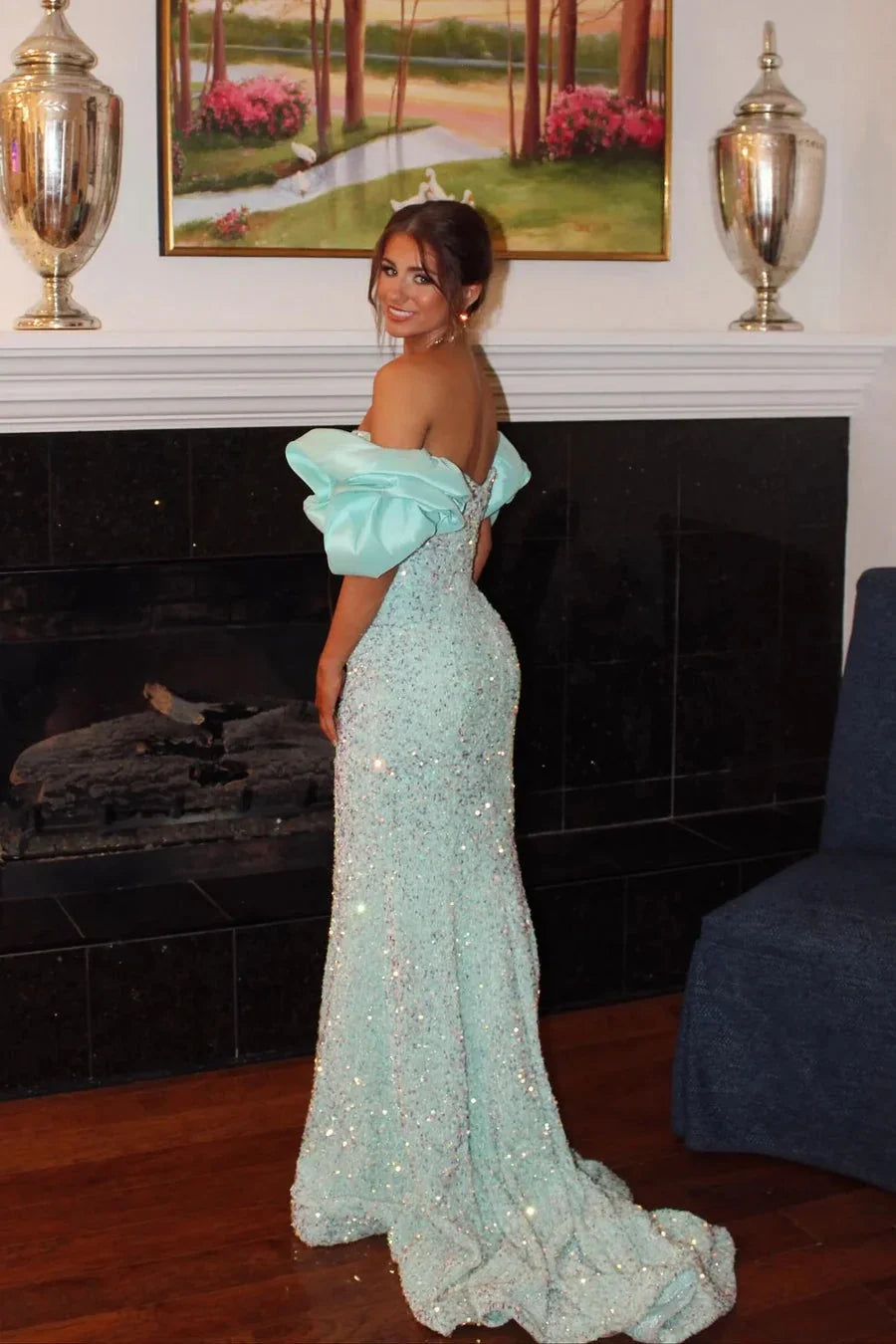 Mint Mermaid Off-Shoulder Sequin Puff Sleeve Train Evening Gown - Chloe Dress