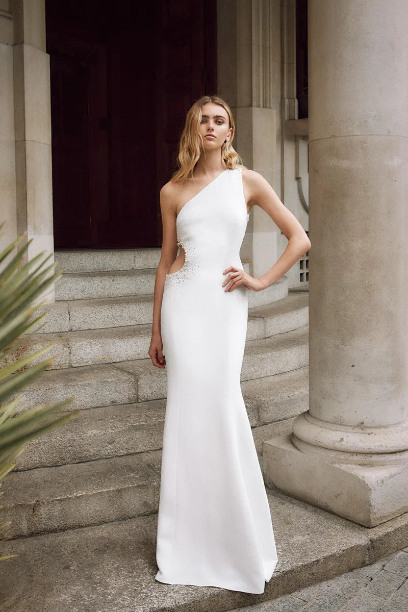 One‑Shoulder Mermaid Wedding Dress Beaded Side Cutout