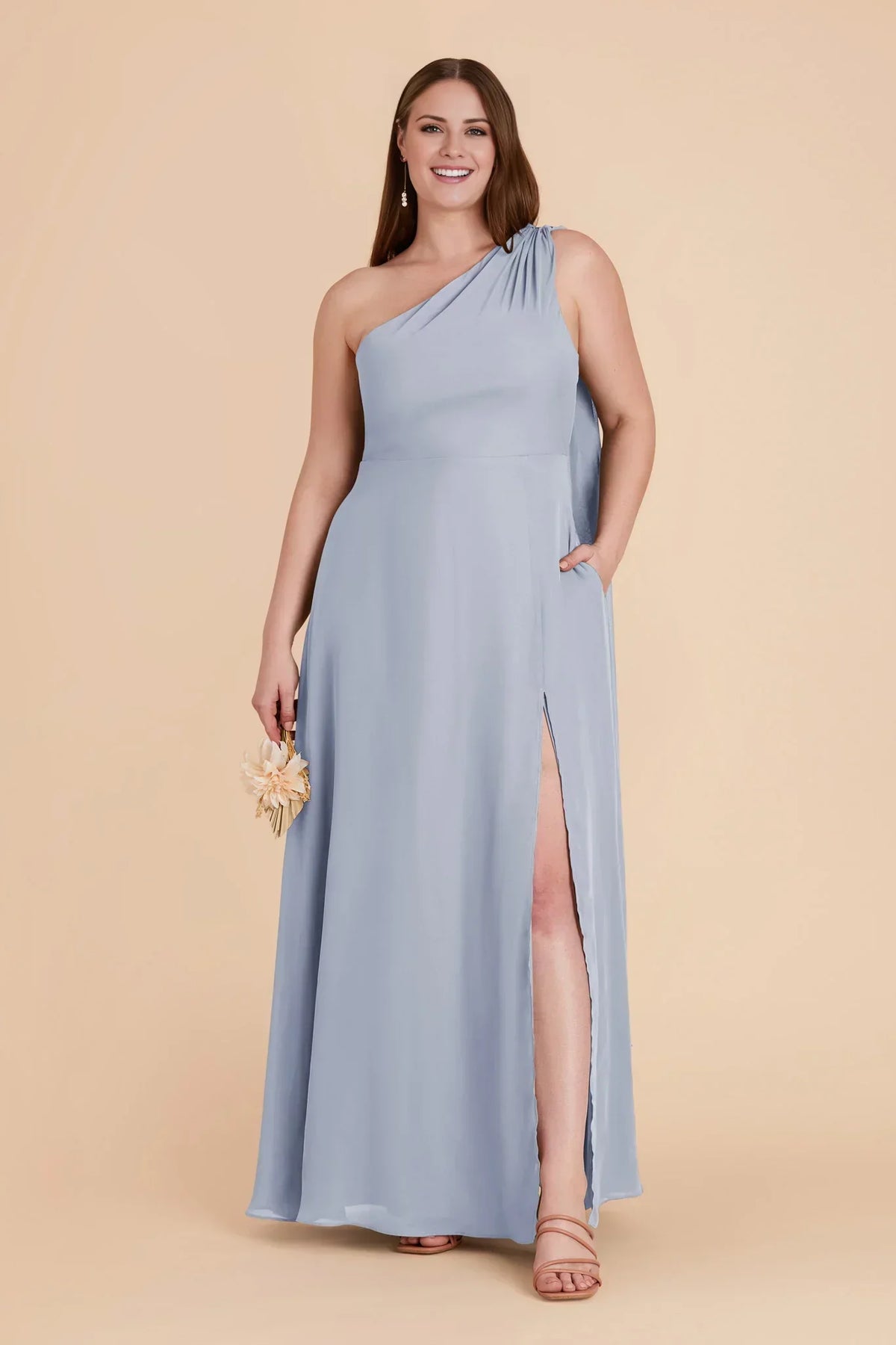 Blue One-Shoulder Chiffon High Slit Floor-Length Wedding Dress - Chloe Dress
