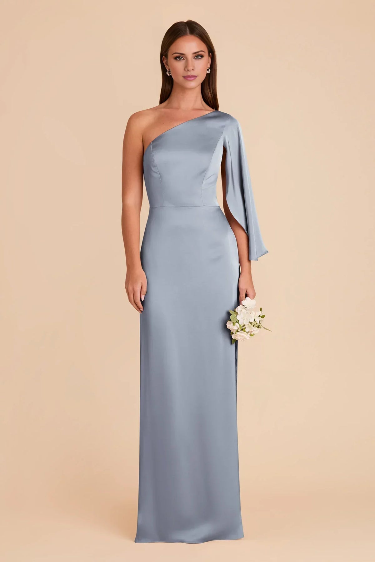 Blue One-Shoulder Satin Floor-Length Wedding Gown - Chloe Dress